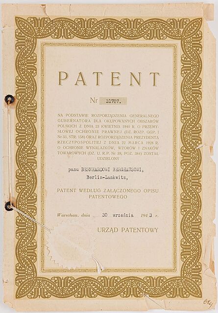 PATENT nr 31707, URZĄD PATENTOWY, Polska , Generalna Gubernia, 1943