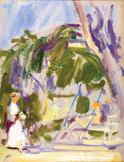 RODZINA POD ORZECHEM. PODWIECZOREK W SADZIE W KALWARII, 1909