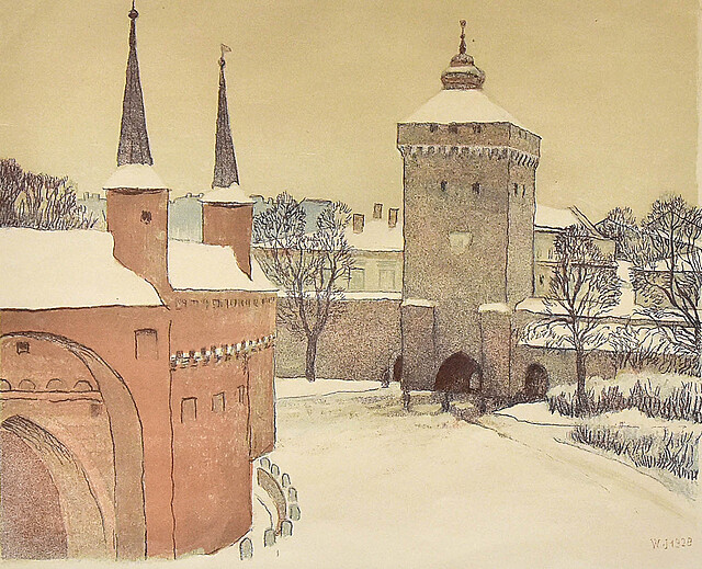 "Barbakan i Brama Floriańska w zimie", 1928