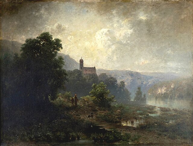 Krajobraz z sylwetą kościoła (Krajobraz górski, Krajobraz z okolic Monachium), 1869 r.