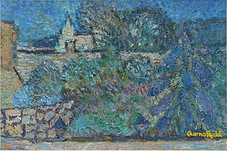 Fara. Fragment za drzewami z tarasu strażnicy. Kazimierz nad Wisłą., 2021/22 r.
