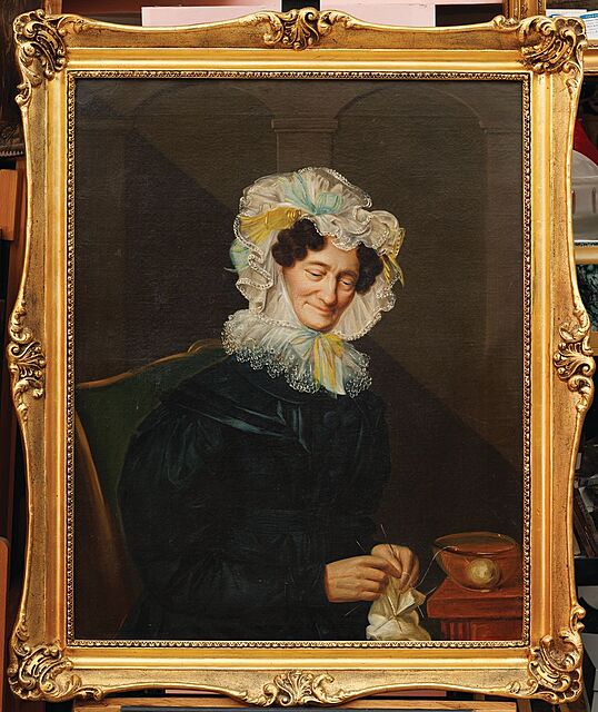 PORTRET DAMY ROBIĄCEJ NA DRUTACH, poł. XIX w.