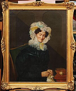 PORTRET DAMY ROBIĄCEJ NA DRUTACH, poł. XIX w.