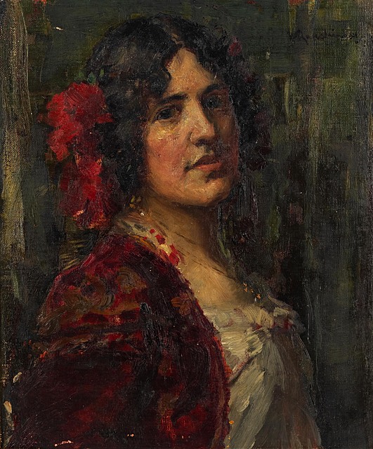 Portret damy z czerwonymi kwiatami we włosach