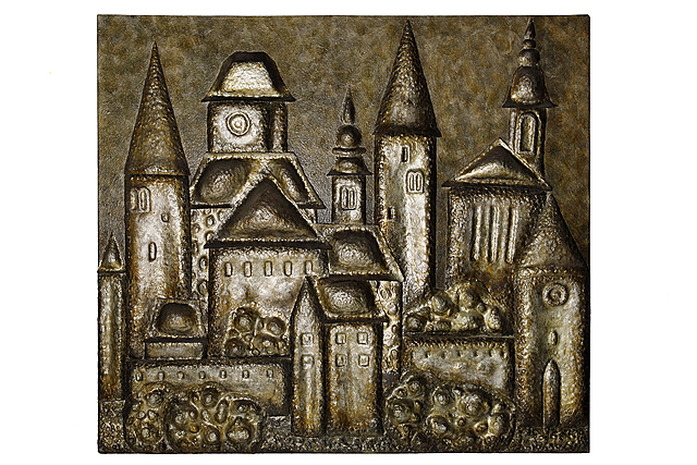 Plakieta metaloplastyczna z widokiem miasta, 1980