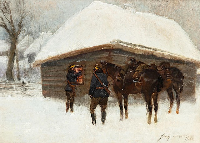 Zimowy patrol przed chatą, 1935 r.