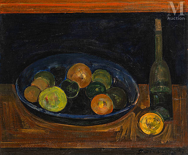 Martwa natura z butelką i jabłkami, 1949