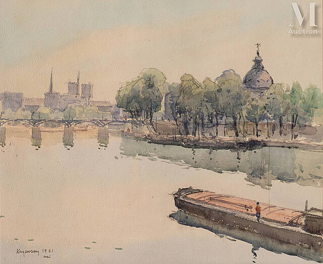 Barka na Sekwanie, Pont des Arts i Institut de France, Paryż, 1961