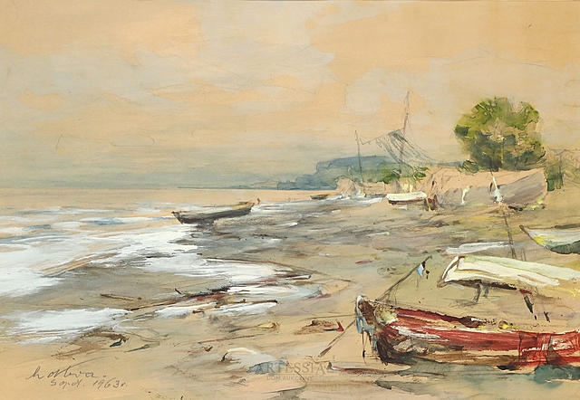 Brzeg morza z łódkami, 1963