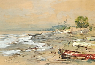 Brzeg morza z łódkami, 1963