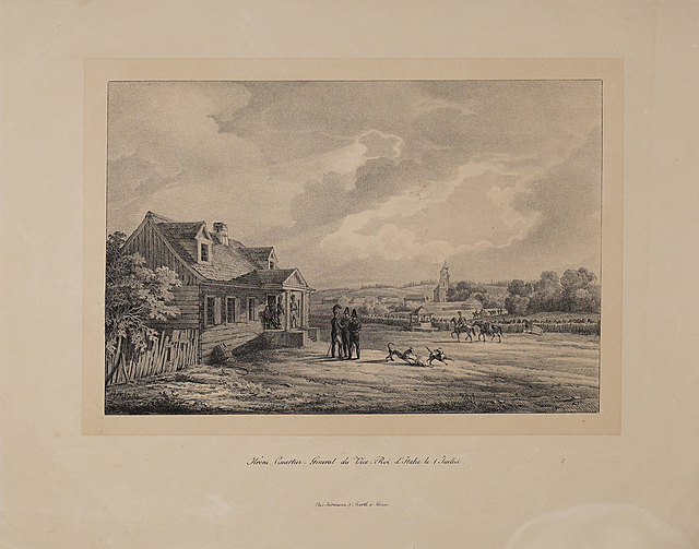 Dwór w Krożach na Litwie w 1812 (tyt.oryg.: „Kroni, Quartier General du Vice Roi d’Italie le 1 Juillet”), ok. 1830 