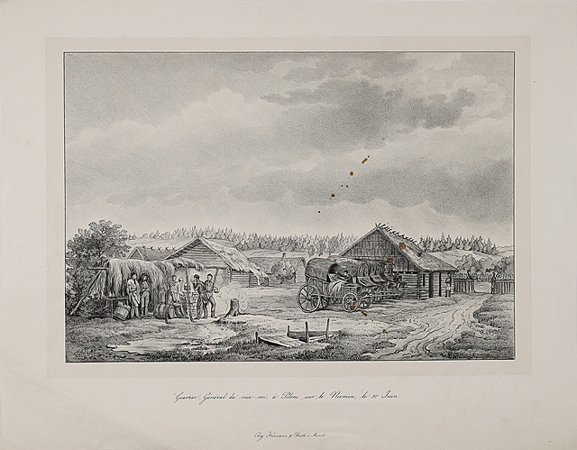 Wieś nad Niemnem w 1812 (tyt.oryg.: „Quartier General du vice Roi, a Piloni sur le Niemen, le 30 Juin"), ok. 1830