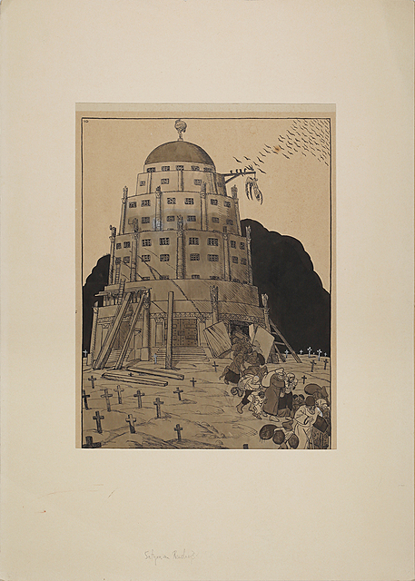 Satyra na rewolucję październikowa 1917 - ucieczka z wieży Babel (tyt.oryg.: „Der Entente Palast, Die russische Partei hat gekündigt und zieht aus”), 1917