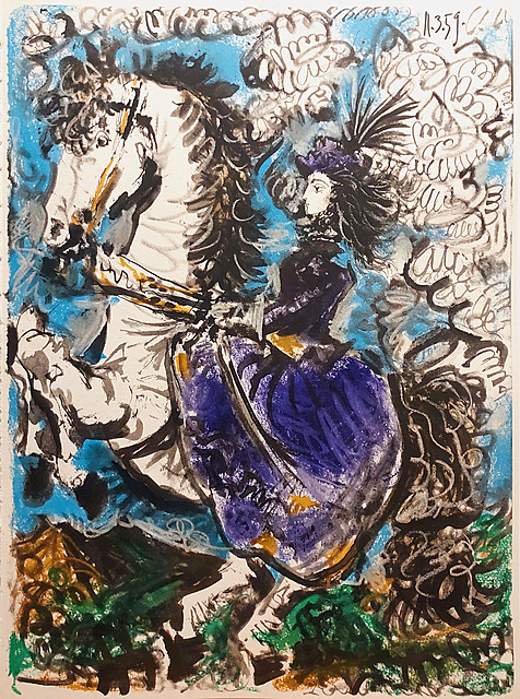 'Jacqueline in a purple dress on a white horse'' z cyklu "Toros y Toreros", 1961