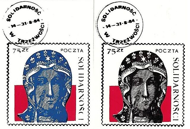 Dwa znaczki Poczty Solidarności z wizerunkiem Matki Boskiej Częstochowskiej oraz stemplem "Solidarność w trzeźwości" 14-