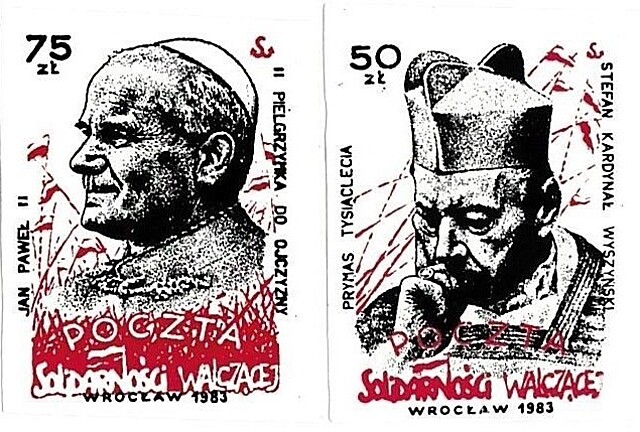 Zestaw dwóch znaczków Poczta Solidarności Walczącej (Jan Paweł II (II Pielgrzymka do Ojczyzny), Prymas Tysiąclecia Stefan Kardynał Wyszyński)