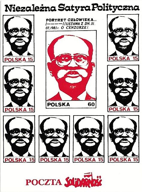 Zestaw znaczków Poczty Solidarności z karykaturą Wojciecha Jaruzelskiego, Niezależna Satyra Polityczna