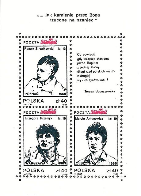 Zestaw trzech znaczków: Poczta Solidarność. "...jak kamienie przez Boga rzucone na szaniec"