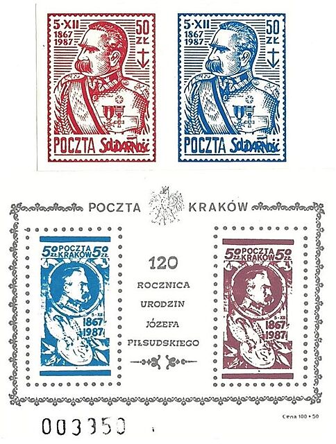 Zestaw czterech znaczków Poczty Solidarności, 120 rocznica urodzin Marszałka Józefa Piłsudskiego 1867-1987