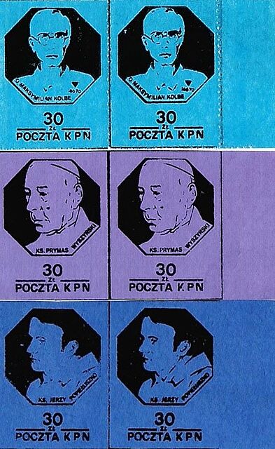 Zestaw 6 znaczków: Poczta KPN. O. MAKSYMILIAN KOLBE, KS. PRYMAS WYSZYŃSKI, KS. JERZY POPIEŁUSZKO
