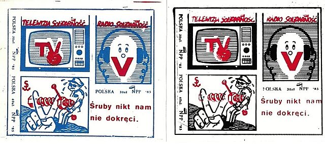 Zestaw sześciu znaczków: Telewizja Solidarność, Radio Solidarność. Śruby nikt nam nie dokręci