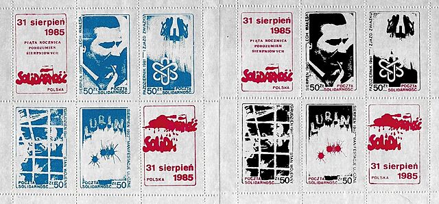 Zestaw dwunastu znaczków: Poczta Solidarność. Piąta Rocznica Porozumień Sierpniowych