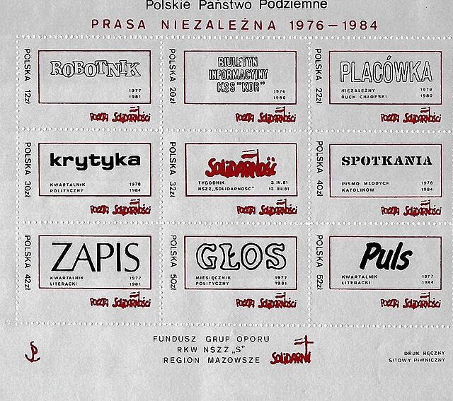 Zestaw dziewięciu znaczków: Polskie Państwo Podziemne, Prasa Niezależna, 1976-1984