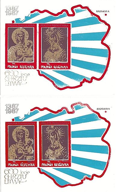Cztery znaczki Poczty Podziemnej; 600-lecie Chrztu Litwy, 1387-1987