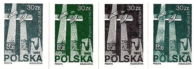Zestaw czterch znaczków: Poczta Niezależna. Poznań 28. VI 56