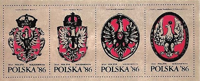 Zestaw czterech znaczków Poczta Solidarność z godłem narodowym