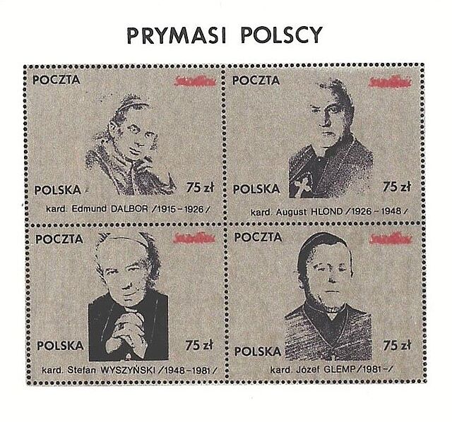 Zestaw czterch znaczków Poczty Solidarności. PRYMASI POLSCY