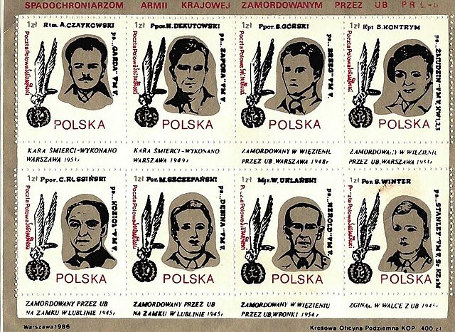 Zestaw ośmiu znaczków: Spadochroniarzom Armii Krajowej zamordowanym przez UB PRL-u, Warszawa 1986