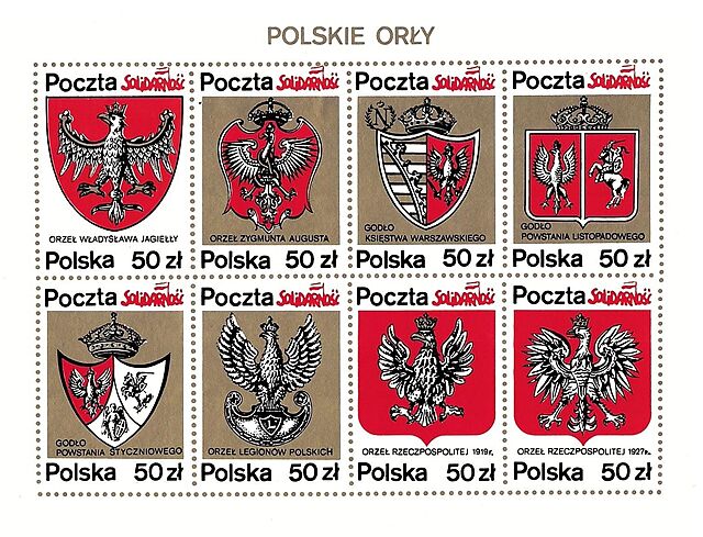 Zestaw ośmiu znaczków Poczty Solidarności: Polskie Orły