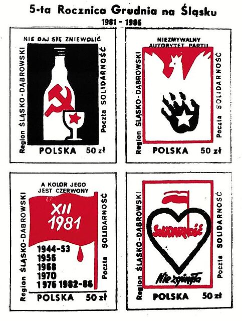 Zestaw znaczków: 5-ta Rocznica Grudnia na Śląsku 1981-1986; Region Śląsko-Dąbrowski