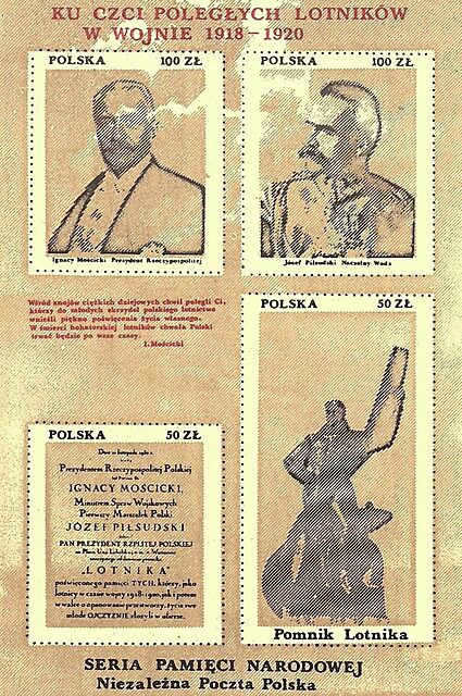 Zestaw czterech znaczków:Ku czci poległych lotników w wojnie 1918-1920
