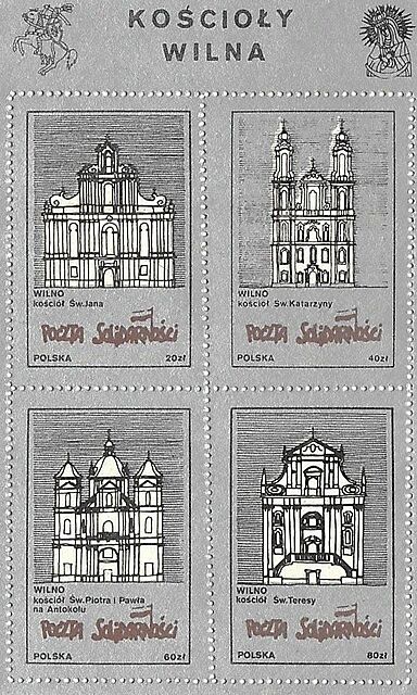 Zestaw czterech znaczków Poczty Solidarności: Kościoły Wilna