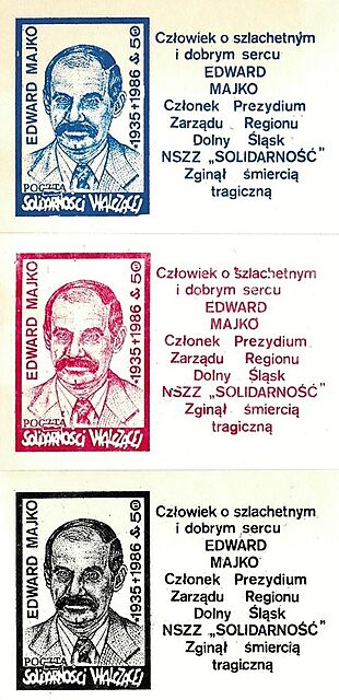 Zestaw trzech znaczków Poczty Solidarności Walczącej, Edward Majko 1935-1986