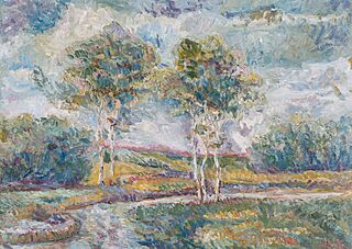 PEJZAŻ Z BRZOZAMI NAD POTOKIEM, ok. 1970