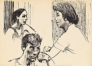 Szkice popiersi dwóch kobiet i mężczyzny