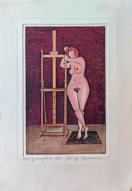 Akt. Akwaforta podmalowywana akwarelą na papierze. 84r