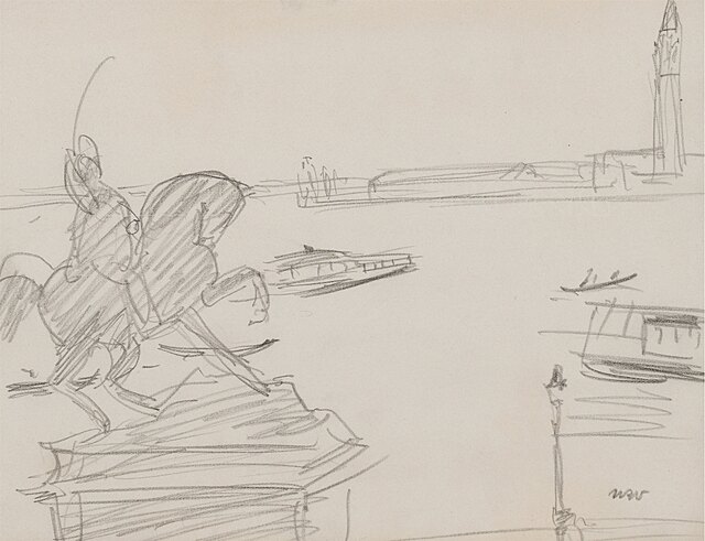 Widok na pomnik Konny króla Wiktora Emanuela II z wieżą dzwonnicy Campanile di San Marco od strony nabrzeża Riva degli Schiavoni