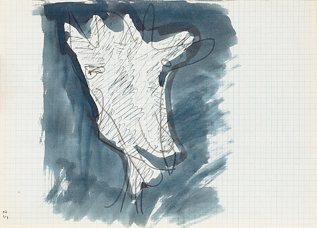 Głowa kozy na granatowym tle, 1964 [14 sierpnia].
Rysunek ze "Szkicownika artysty - 1964"