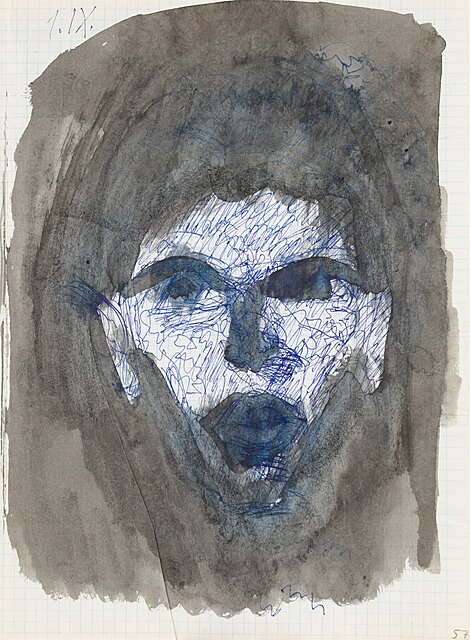 Twarz kobiety na ciemnym tle - en face, 1964 [1 września].
Rysunek ze "Szkicownika artysty - 1964"