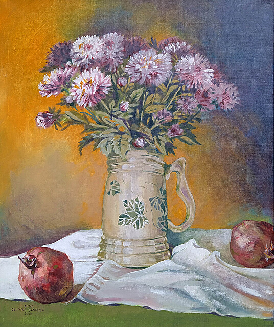 Martwa natura z astrami w kuflu i granatami, 2008