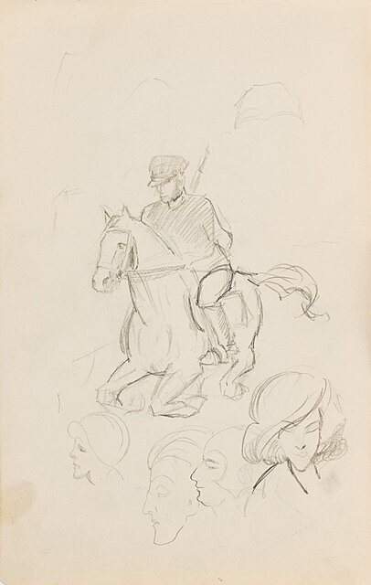Mężczyzna na koniu i szkice głów
