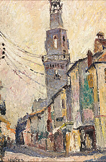 City view with a bell tower, circa 1930