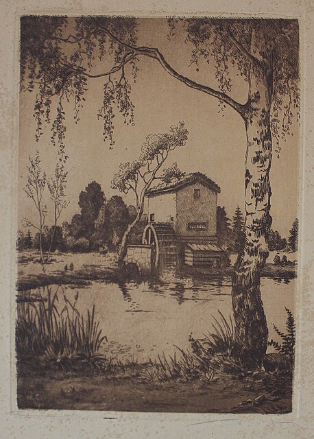 Pejzaż z młynem i brzozą