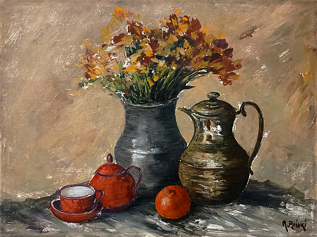 Martwa natura z kwiatami i pomarańczą