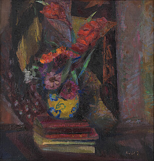 Martwa natura z książkami i kwiatami