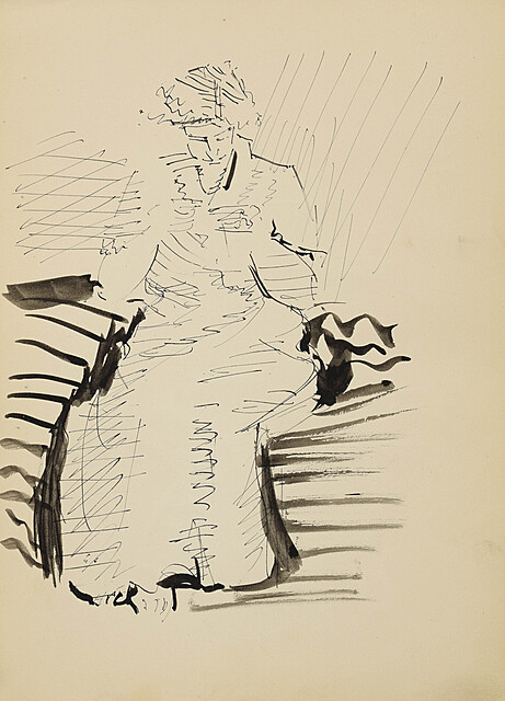 Siedząca postać kobiety przy pracy